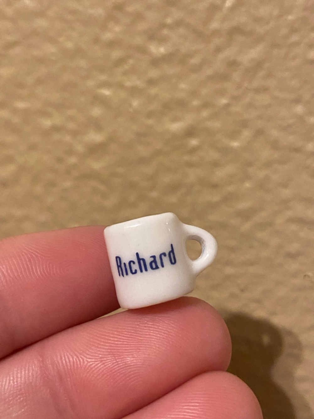 1:12 scale Miniature White Ceramic Mug with Blue 'Richard' Text